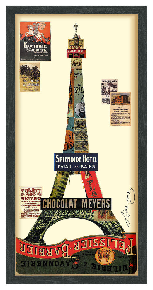 Eiffel Tower Collage Framed Graphic Wall Art Under Glass Handmade 33x17