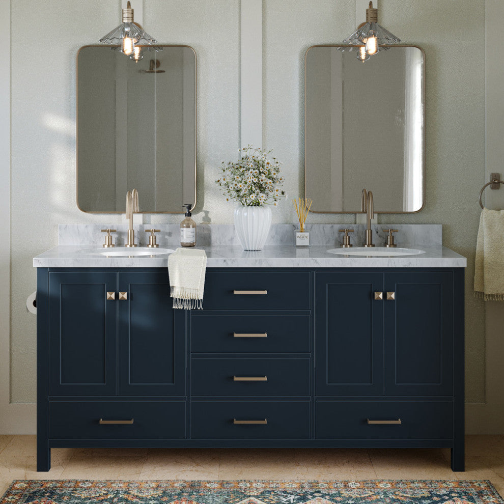 ARIEL Cambridge 73" Rectangle Sinks Bath Vanity White Quartz Midnight Blue