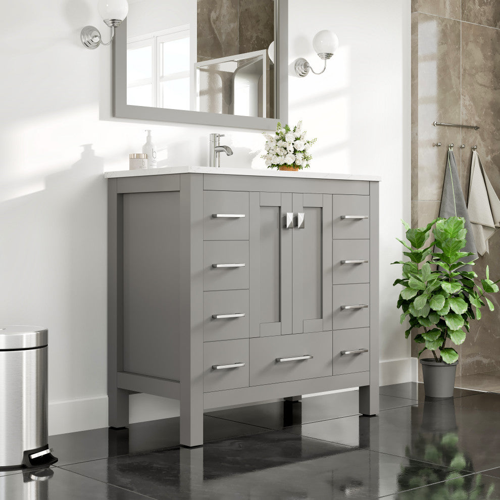 Eviva Hampton 36" Gray Vanity With White Quartz Top