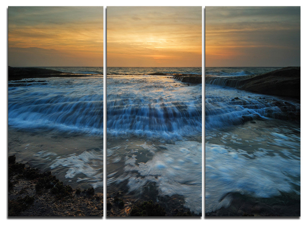 "Beach With Rushing White Waves" Beach Metal Wall Art, 3 Panels, 36"x28"