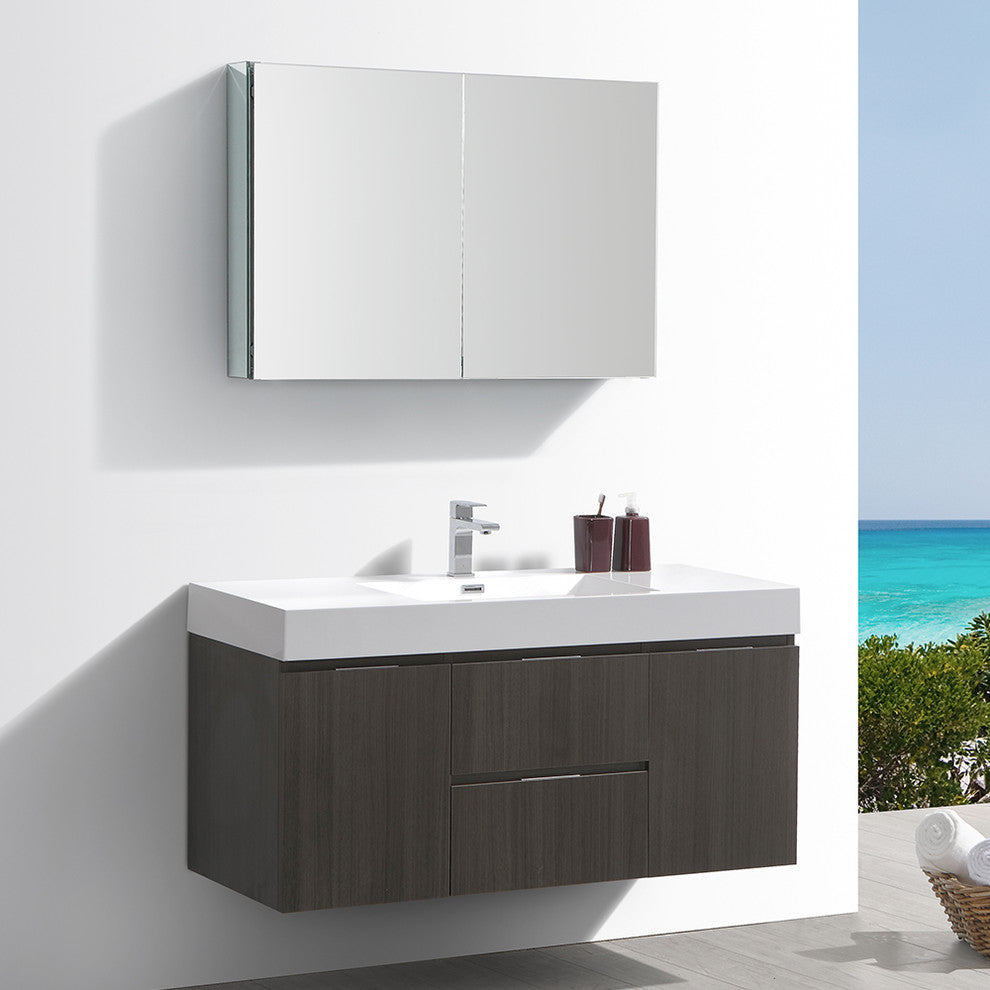 Valencia 48" Gray Oak Wall Hung Bathroom Vanity Set, Cabinet, Faucet FFT1030BN
