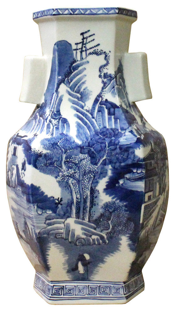 Chinese Blue and White Porcelain Oriental Mountain Scenery Graphic Vase Hcs3609