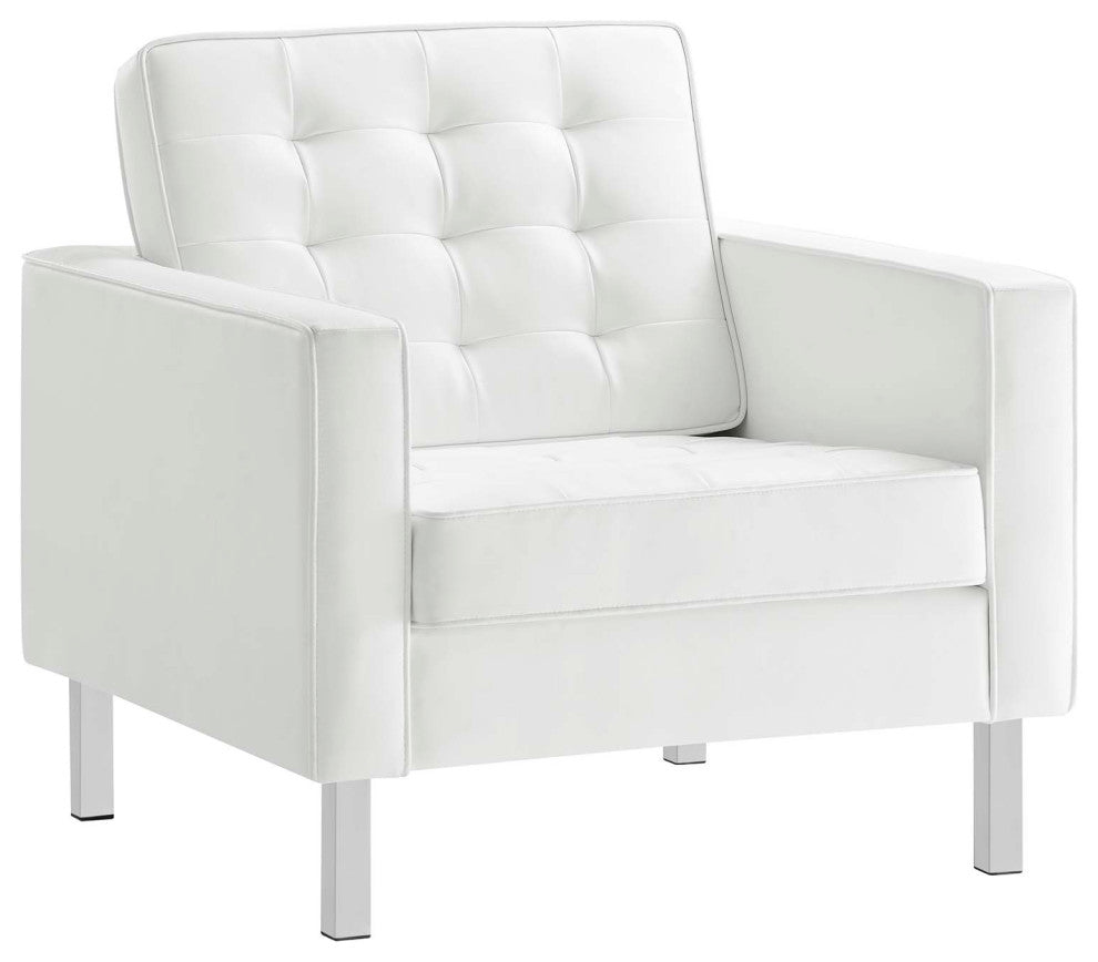 Loft Tufted Vegan Leather Armchair and Ottoman Set, Silver White