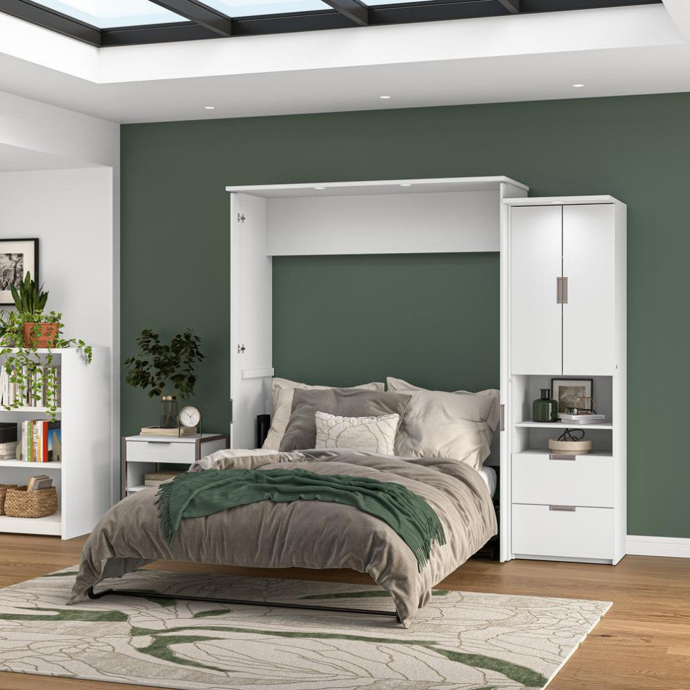 Lumina Queen Murphy Bed with Desk and Storage Cabinet (91W) in White