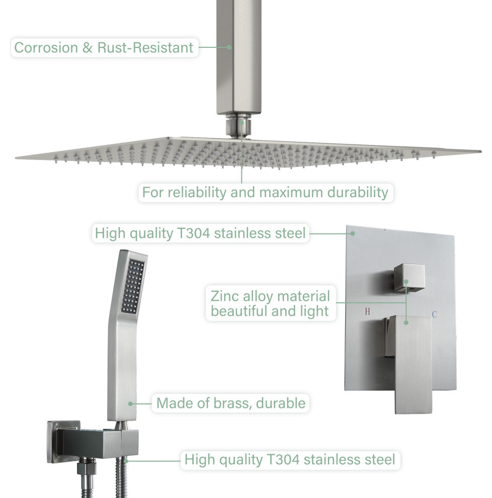 Concealed Ceiling Shower Head With Handheld Shower, Hose and Arm, Brushed Nickel