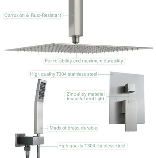 Concealed Ceiling Shower Head With Handheld Shower, Hose and Arm, Brushed Nickel