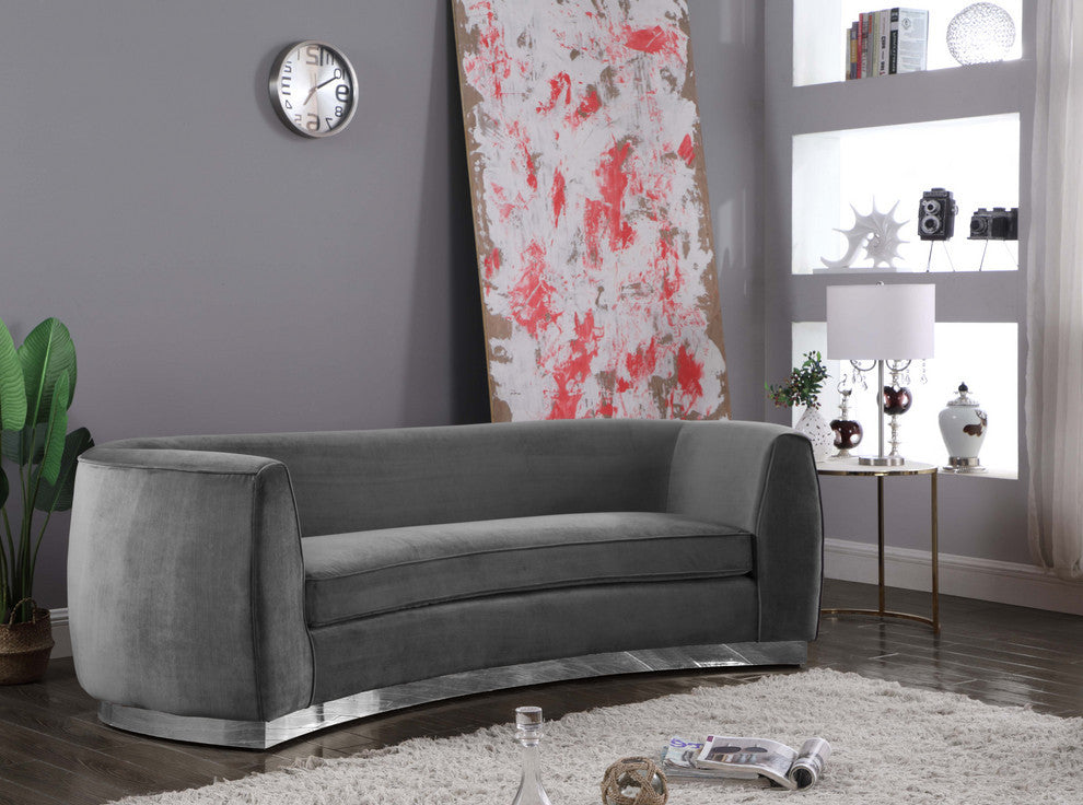 Julian Velvet Upholstered Sofa, Gray, Chrome Base