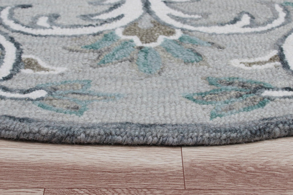 4" Round Gray and White Filigree Area Rug