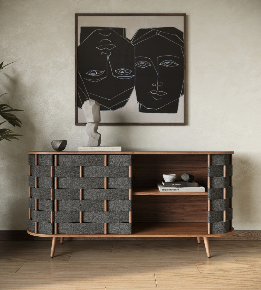 Modrest Sheridan Mid-Century Grey Fabric, Walnut Buffet