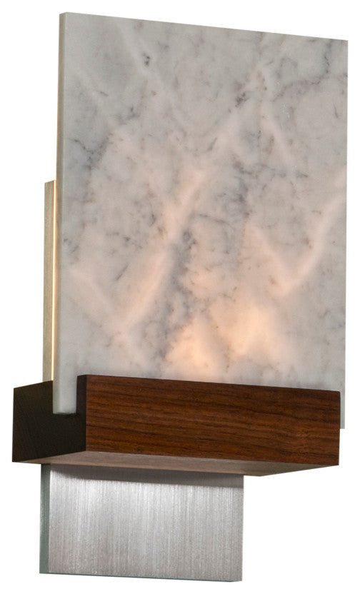 Fortis LED Wall Sconce, Dark Stained Walnut, Distressed Brass, Carrara Marble
