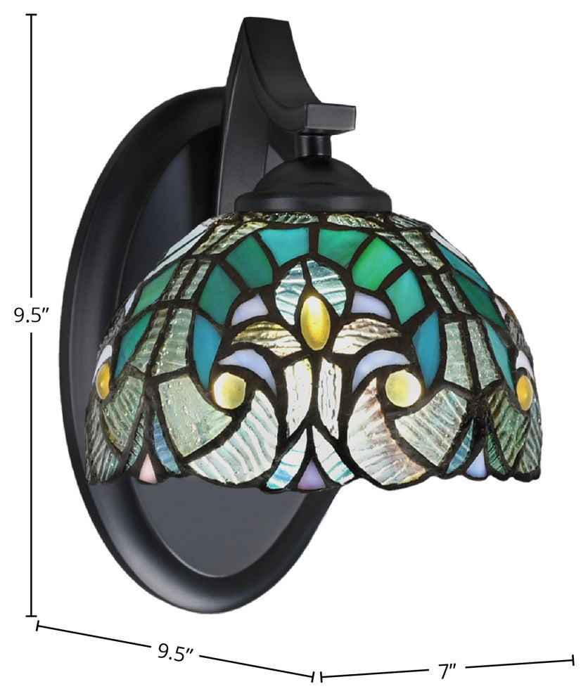 Zilo Wall Sconce, Matte Black, 7" Turquoise Cypress Tiffany Glass