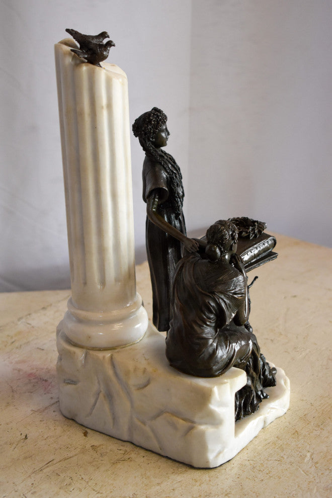 Two Pensive Goddesses by Marbe Pillar Bronze Statue  8" x 8" x 13"H