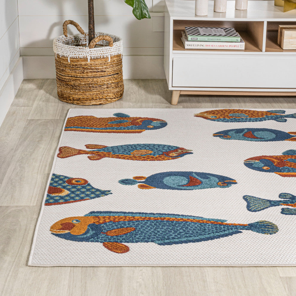 Algarve Modern Fish High-Low Indoor/Outdoor Area Rug, Navy/Orange/Cream, 5 X 8