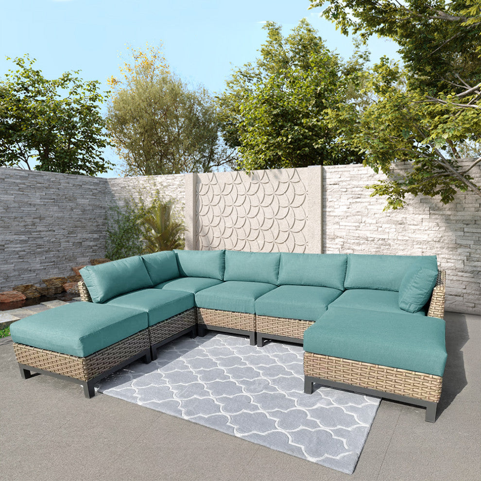 Delta 7-Piece Wicker Outdoor Sectional with Cushions, Cast Breeze Acrylic