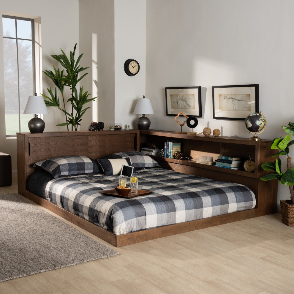 Superia Modern Walnut Brown Queen Size Platform Storage Bed With Built-In Outlet
