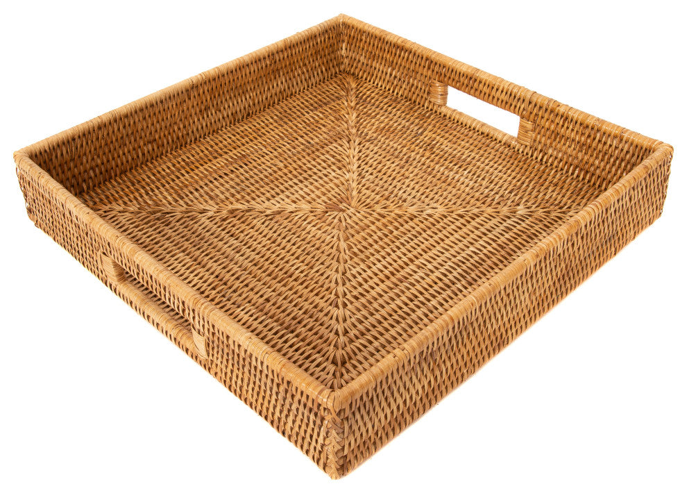 Artifacts Rattan™ Square Ottoman Tray with Cutout Handles, Honey Brown, 16"x16