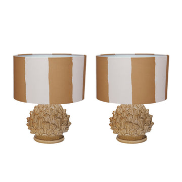 60 Watt Artichoke Finial Stoneware Table Lamp, Mustard and Cream Color, Set of 2