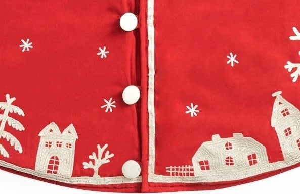 Handmade Christmas Tree Skirt in Cotton - Village Scene on Red - 60"