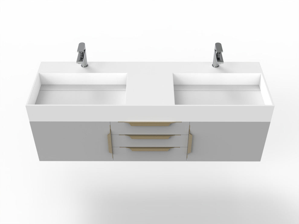 CastelloUSA Amazon 60" Wall Mounted Bathroom Vanity Set, Gray, White Top, Gold Handles