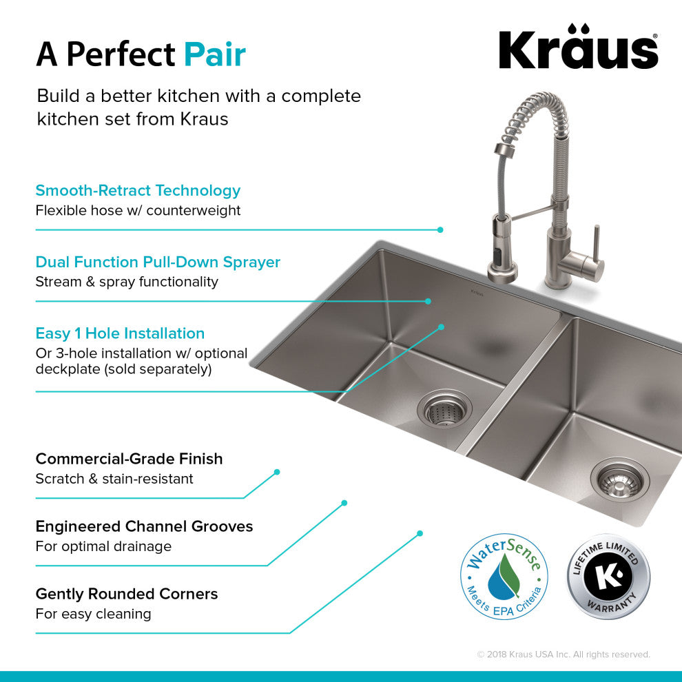 33" Undermount Stainless Steel Kitchen Sink, Pull-Down Faucet SS, Dispenser