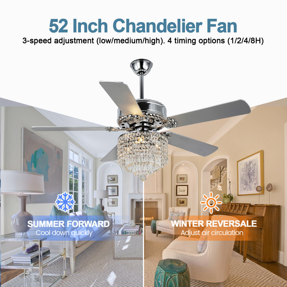 52"  Chrome Chandelier Ceiling Fan, Pull Chain Ceiling Fan with Remote Control
