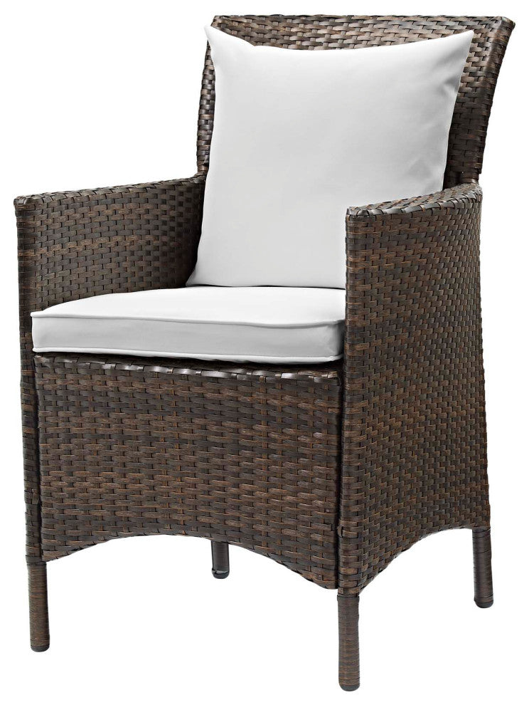 Side Dining Chair and Table Set, Rattan, Wicker, Brown White, Modern, Outdoor