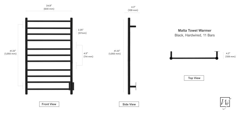 Malta Towel Warmer, Hardwired, 11 Bars, Black
