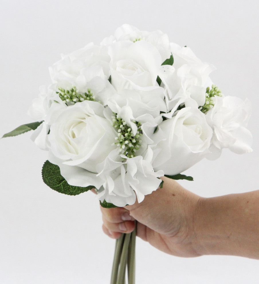 9 Stems Artificial Rose and Hydrangea Mixed Bouquet, White
