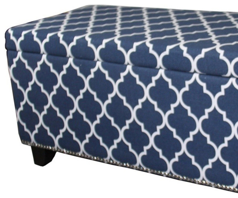 Blue and White Quatrefoil Storage Bench