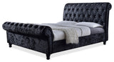 Castello Black Velvet Faux Crystal-ButToned Sleigh King Platform Bed