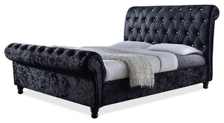 Castello Black Velvet Faux Crystal-ButToned Sleigh King Platform Bed