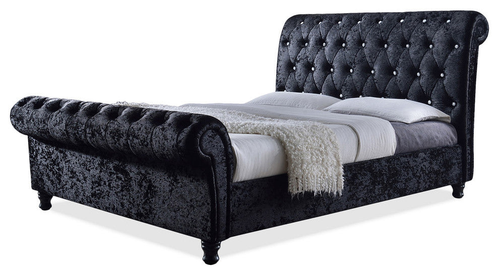 Castello Black Velvet Faux Crystal-ButToned Sleigh King Platform Bed