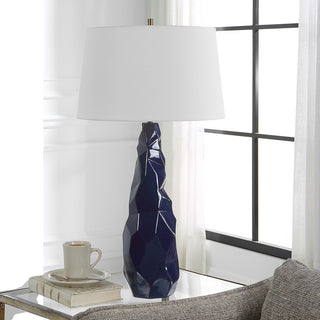 Abstract Faceted Gloss Navy Blue Ceramic Table Lamp 31 in Geometric Crinkle Luxe