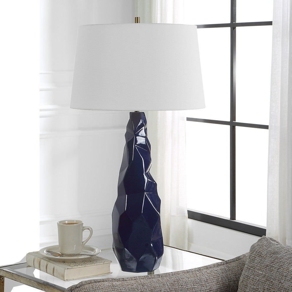 Abstract Faceted Gloss Navy Blue Ceramic Table Lamp 31 in Geometric Crinkle Luxe