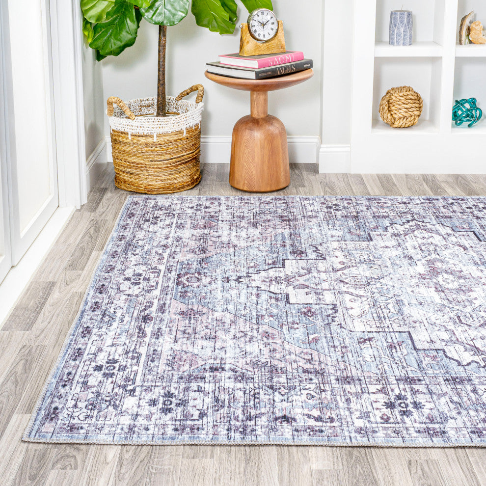Didim Boho Gray Medallion Machine Washable Indoor Area Rug, Gray/Purple, 3 X 5