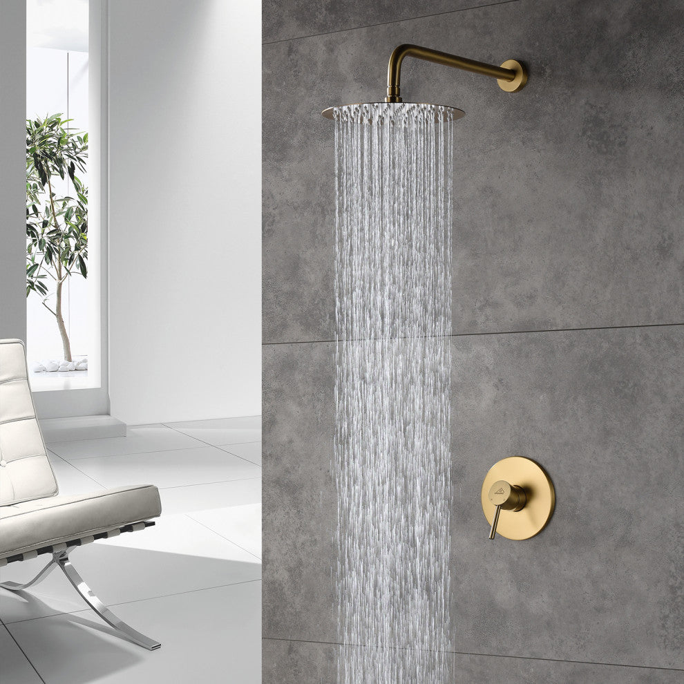 CASAINC 10" Round Wall Mounted Rainfall Luxury Shower System Kit, Brushed Gold