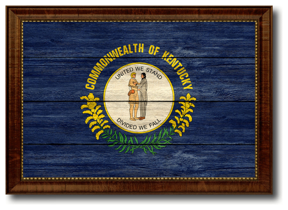 Kentucky State Textured Flag Print With Brown Gold Frame, 19"X27"