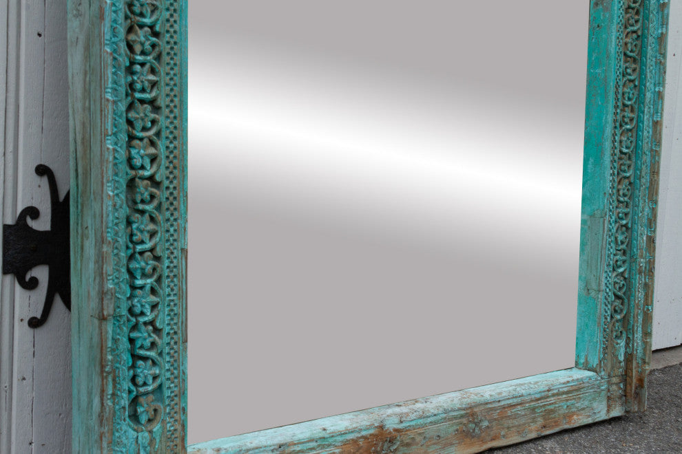 19th Century Indo-French Aqua Carved Floor Mirror
