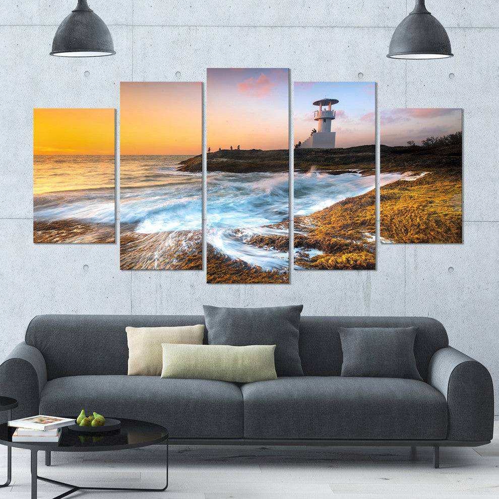 Lighthouse on Beautiful Seashore, Seashore Wall Art on Canvas, 60"x32", 5 Panels