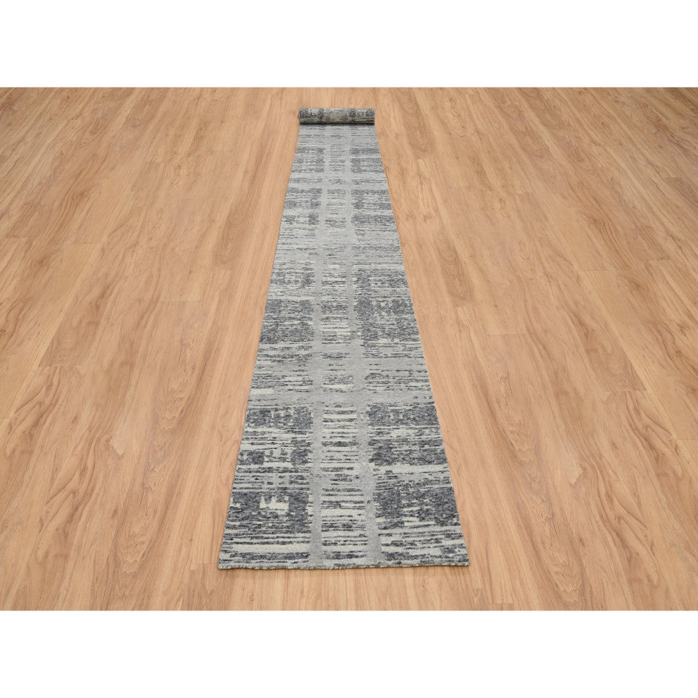 Gray, Modern Design, Natural Wool, Hand Knotted XL Runner Rug, 2'6"x20'0"