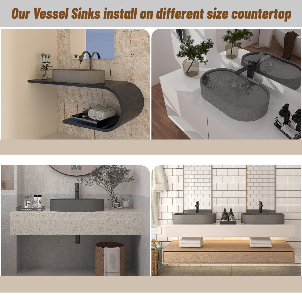 23in Bathroom Concrete Oval Vessel Sink with Drainer, Mottled Bluish Grey