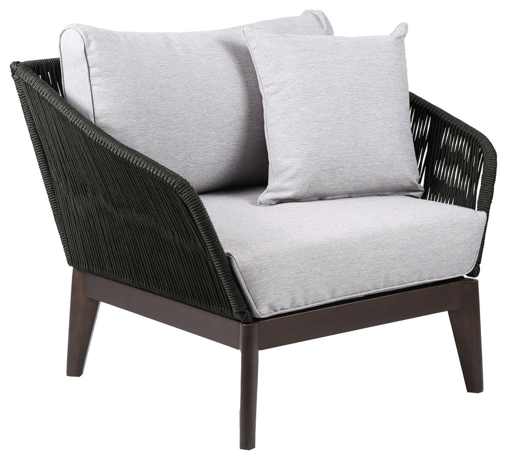 Athos Outdoor Club Chair With Latte Rope and Gray Cushions, Dark Eucalyptus