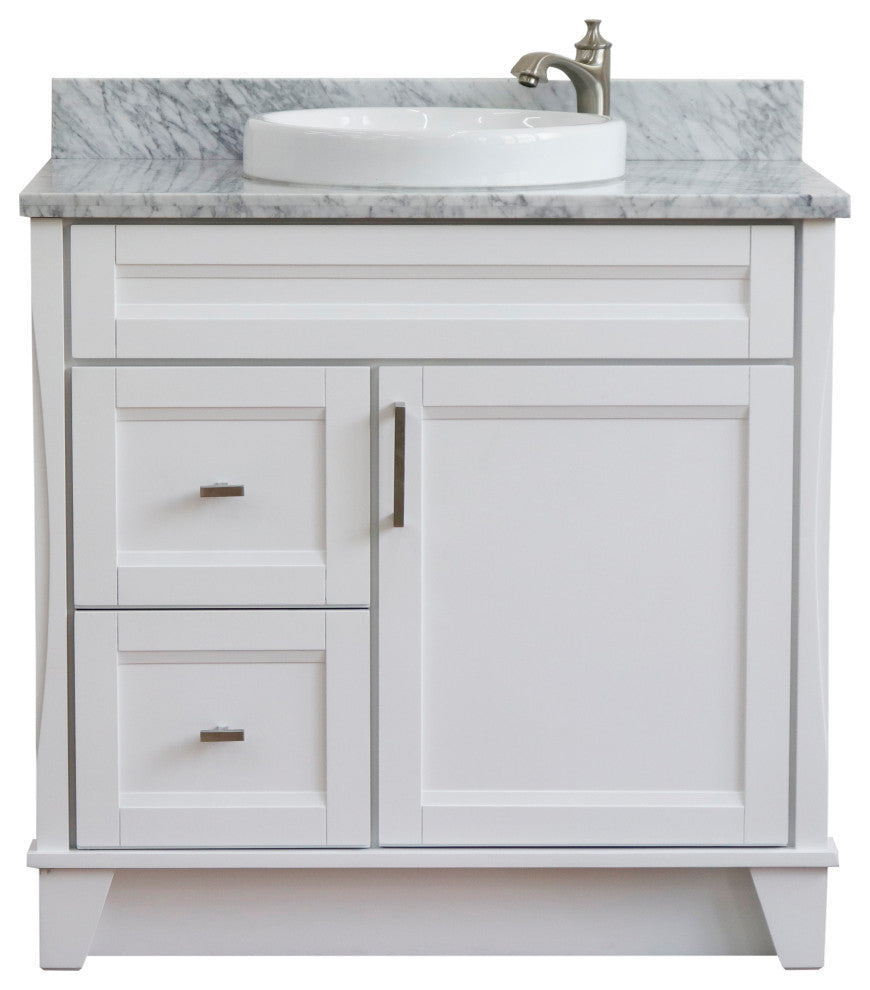 37" Single Sink Vanity, White Finish With White Carrara Marble