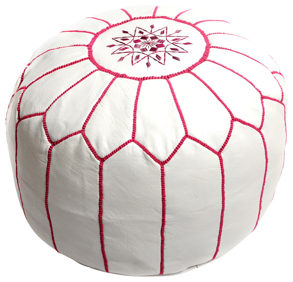 Moroccan Leather Pouf, White With Fuchsia Stitching