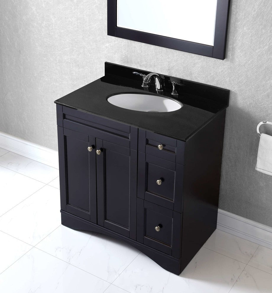 Virtu Elise 36" Single Bathroom Vanity, Espresso, Black Granite Top, Mirror