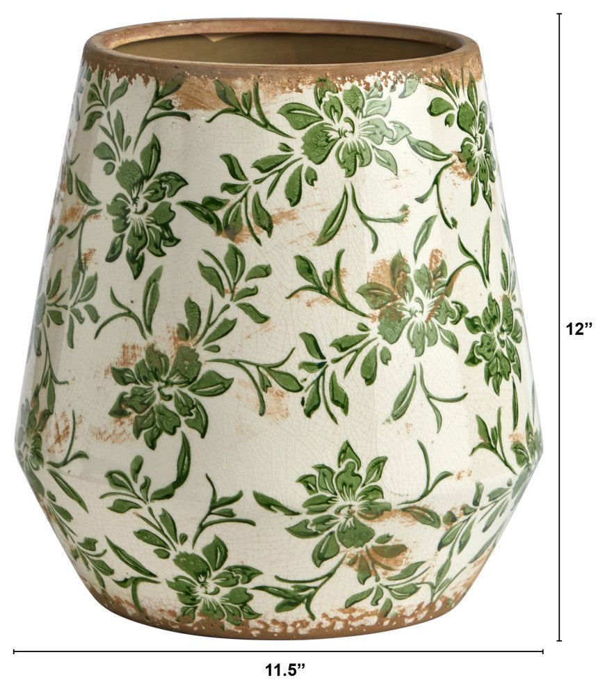Nearly Natural 10" Tuscan Ceramic Green Scroll Planter
