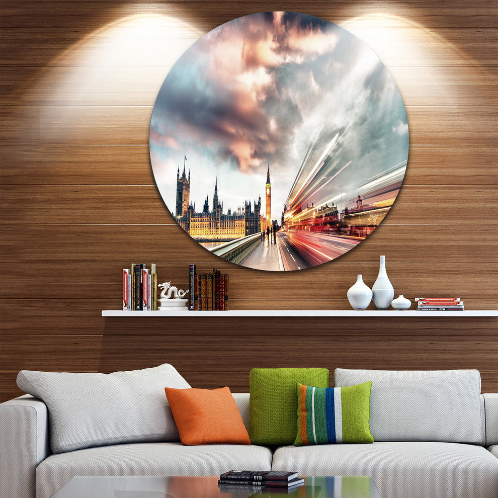 Night Scene Of London City, Cityscape Photo Round Metal Wall Art, 11"