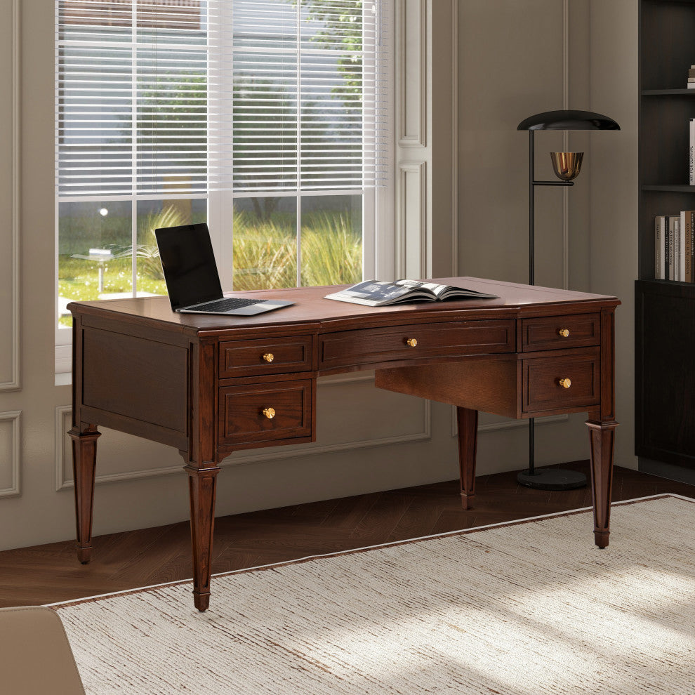 Dauphin 59" Ash Wood Gold Accent 5-Drawer Executive Desk, Walnut Brown Wood