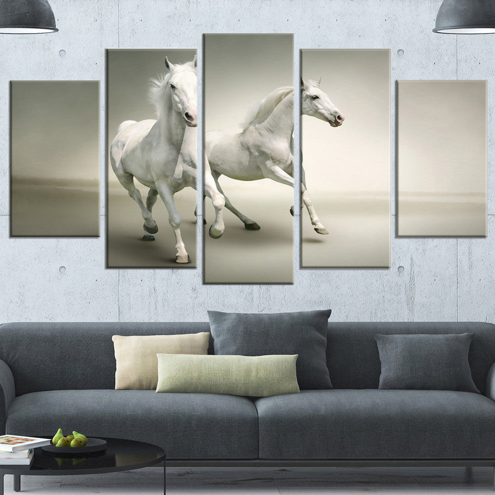 Fast Moving White Horses, Animal Canvas Art Print, 60"x32", 5 Panels