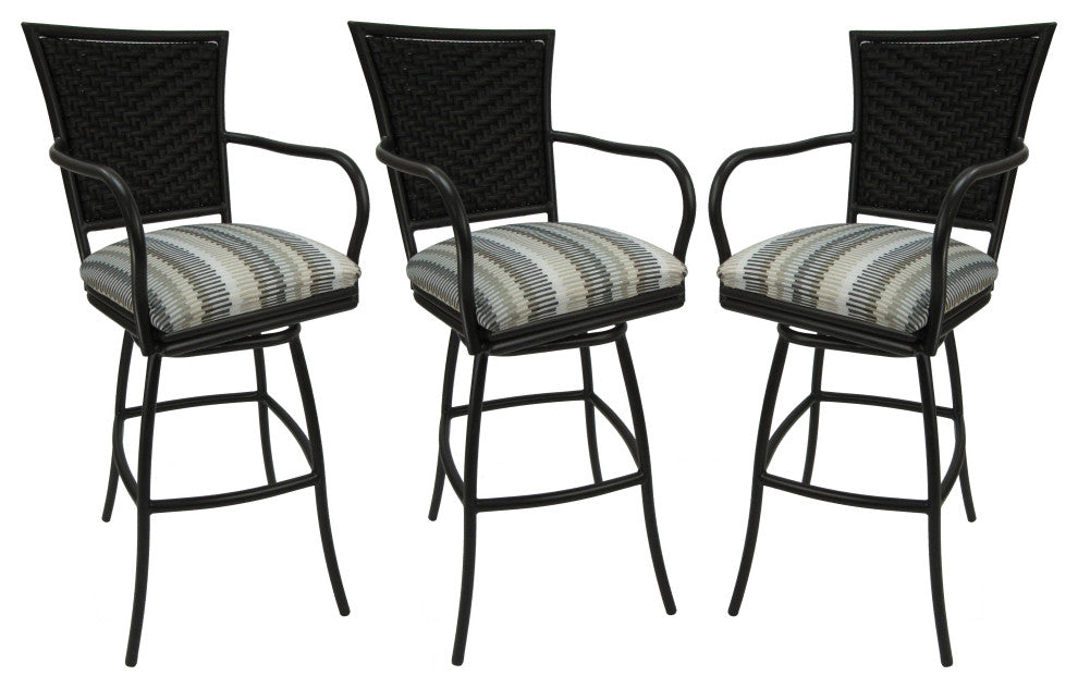 Set of 3, Outdoor/Indoor Swivel Bar Stools Erin, Linen Sun Stripe on Brown, 34"